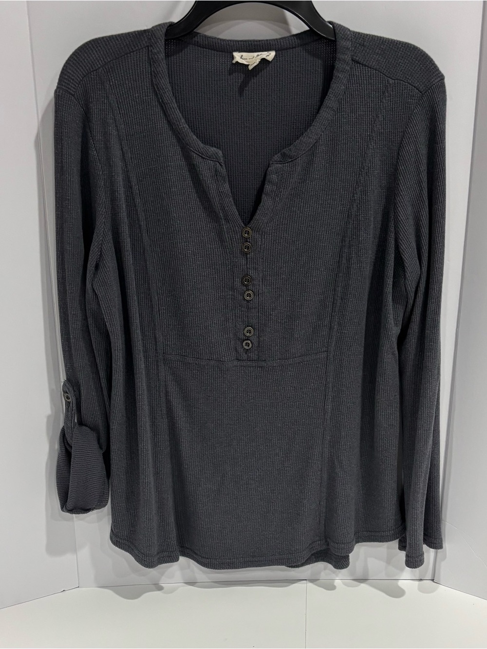 Jane and Delancey Charcoal Waffle Knit V-Neck Henley Long Roll Tab Sleeve Top
